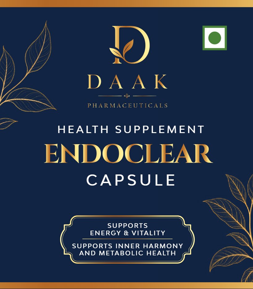 Endoclear Capsule front label: DAAK Pharmaceuticals health supplement in navy and gold with botanical line art